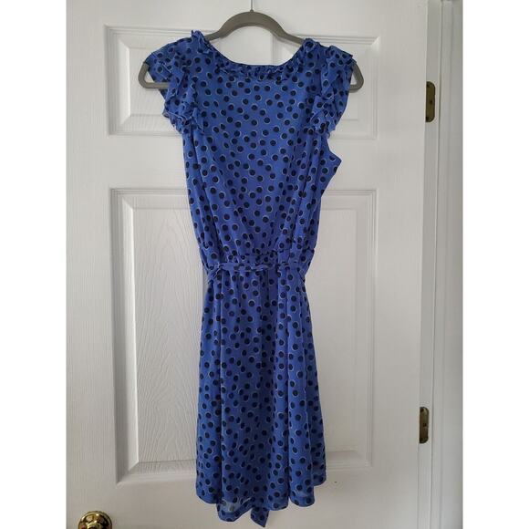 ELLE size medium‎ blue & black ruffled and polka dotted sleeveless dress - Picture 2 of 7